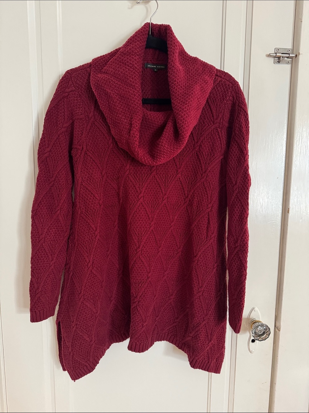JEANNE PIERRE Marled Red Cable Cotton Cowl Neck Sweater